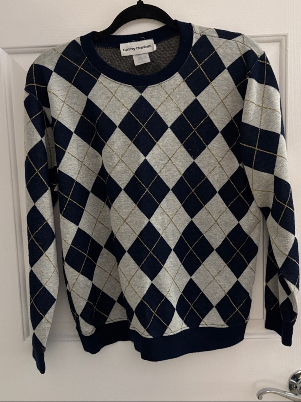 Cathy Daniels Navy, Light Gray & Gold Argyle Crewneck Sweater